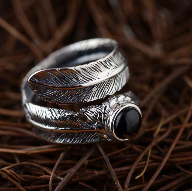 S925 Sterling Silver Agate Inlaid Feather Open Ring